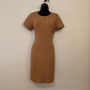 Enfocus Studio Tan Sheath Midi Dress Short Sleeve Crew Neck